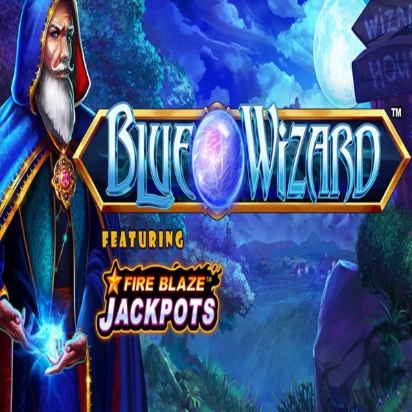 Blue Wizard Fire Blaze Jackpots slot logo by Rarestone Gaming at Hugo Casino