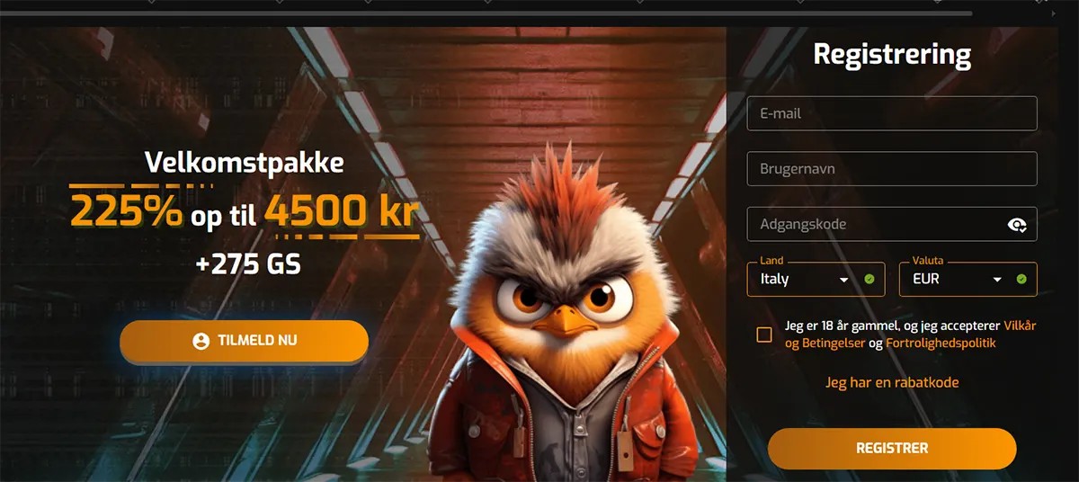 Danish casino landing banner featuring a stylized owl character in a futuristic tunnel, promoting a 225% welcome bonus up to 4500 kr plus 275 free spins, with a registration form on the right including email, username, password, country, and currency fields, and a “Tilmeld nu” call-to-action button.