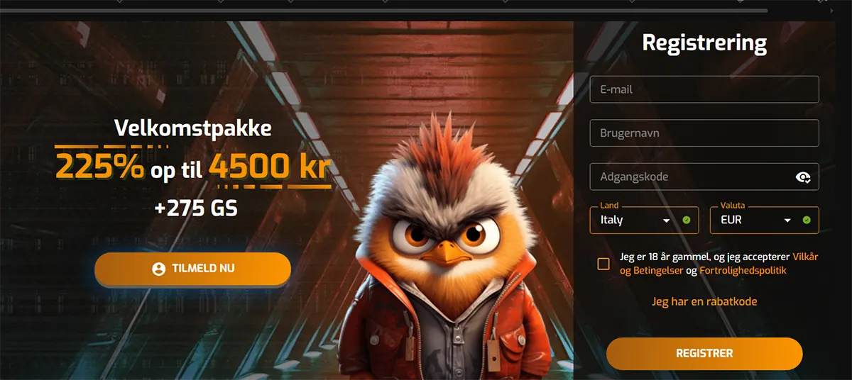 Danish casino landing banner featuring a stylized owl character in a futuristic tunnel, promoting a 225% welcome bonus up to 4500 kr plus 275 free spins, with a registration form on the right including email, username, password, country, and currency fields, and a “Tilmeld nu” call-to-action button.