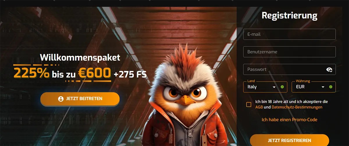 German casino landing banner featuring a stylized owl character in a futuristic tunnel, promoting a 225% welcome bonus up to €600 plus 275 free spins, with a registration form on the right including email, username, password, country, and currency fields, and a “Jetzt registrieren” call-to-action button.