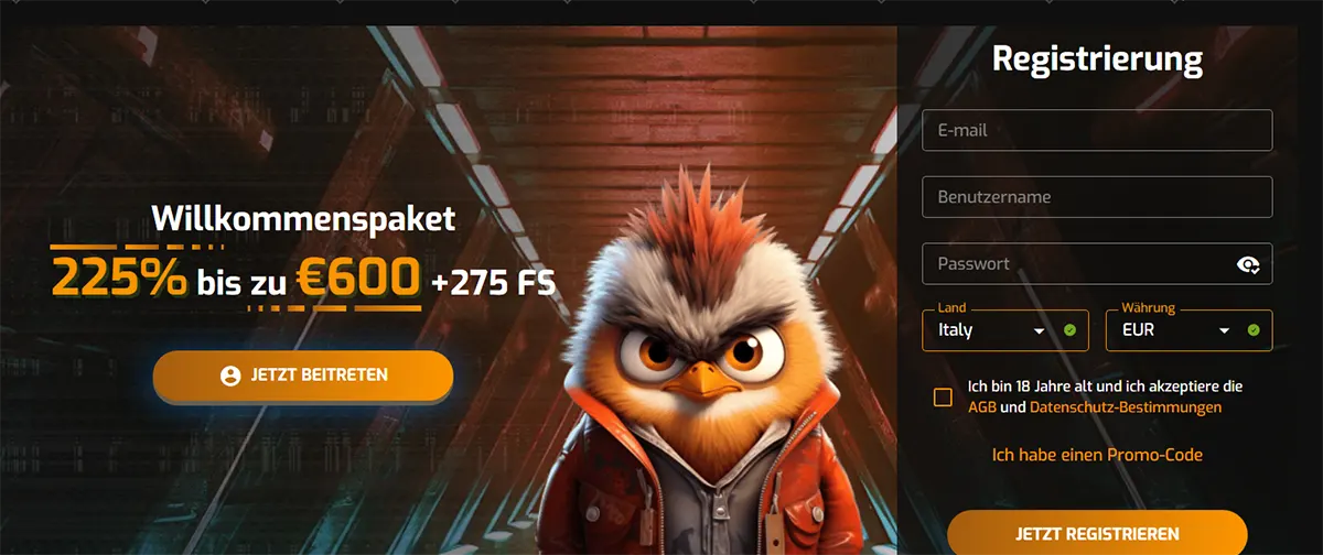German casino landing banner featuring a stylized owl character in a futuristic tunnel, promoting a 225% welcome bonus up to €600 plus 275 free spins, with a registration form on the right including email, username, password, country, and currency fields, and a “Jetzt registrieren” call-to-action button.