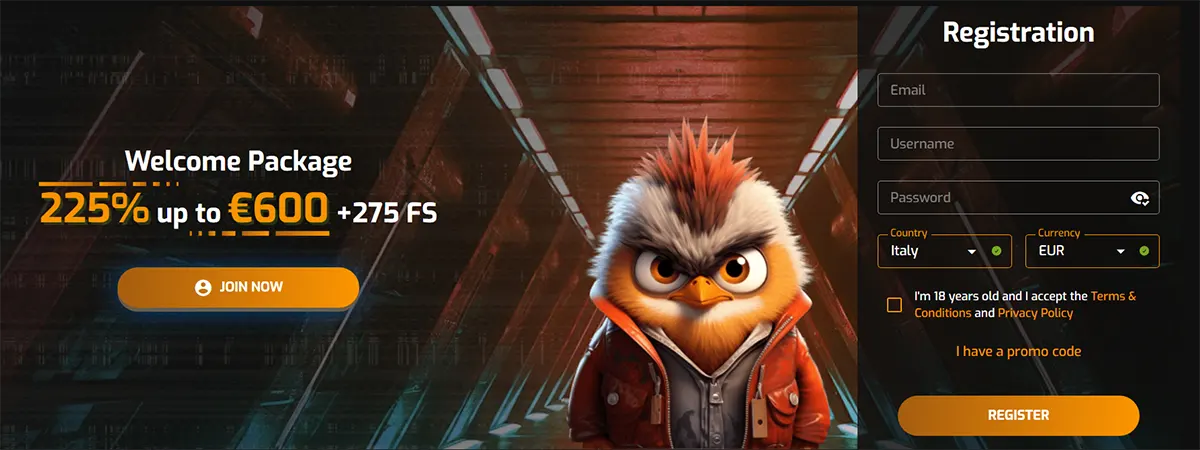 Casino landing banner with a stylized owl character in a futuristic tunnel, promoting a 225% welcome package up to €600 plus 275 free spins, alongside a registration form with email, username, password, and country/currency selection.
