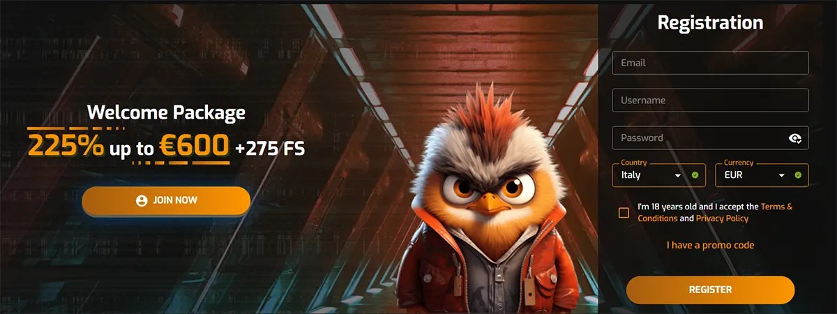 Casino landing banner with a stylized owl character in a futuristic tunnel, promoting a 225% welcome package up to €600 plus 275 free spins, alongside a registration form with email, username, password, and country/currency selection.