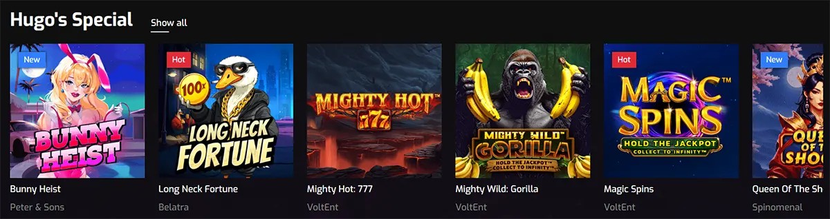 “Hugo’s Special” game section showcasing featured slots like Bunny Heist, Long Neck Fortune, Mighty Hot: 777, Mighty Wild: Gorilla, Magic Spins, and Queen of the Sun, with colorful thumbnails and provider names displayed below each title.