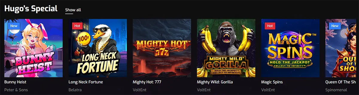 “Hugo’s Special” section displaying a curated lineup of slot games including Bunny Heist, Long Neck Fortune, Mighty Hot: 777, Mighty Wild: Gorilla, Magic Spins, and Queen of the Sun, each with colorful thumbnails, “New” or “Hot” labels, and provider names shown beneath.