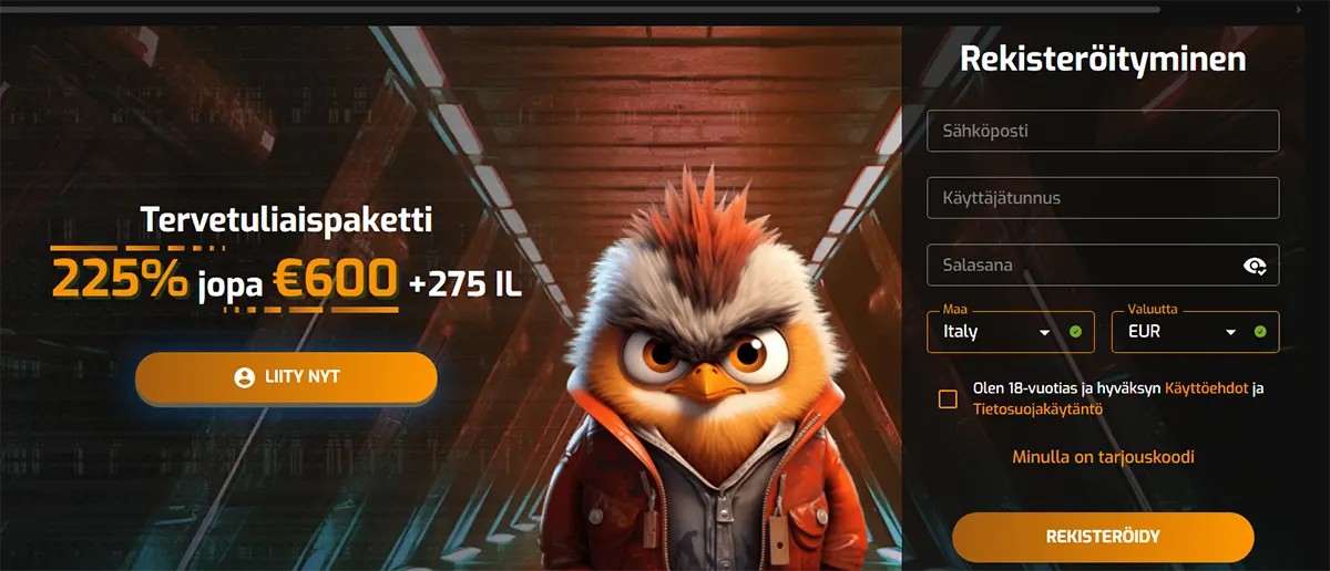 Finnish casino landing page with a “Tervetuliaispaketti” welcome offer of 225% up to €600 + 275 free spins, featuring a central cartoon bird mascot in a jacket, an orange “LIITY NYT” call-to-action button, and a right-side registration form with fields for email, username, password, country (Italy), currency (EUR), terms acceptance checkbox, promo code option, and a “REKISTERÖIDY” button.