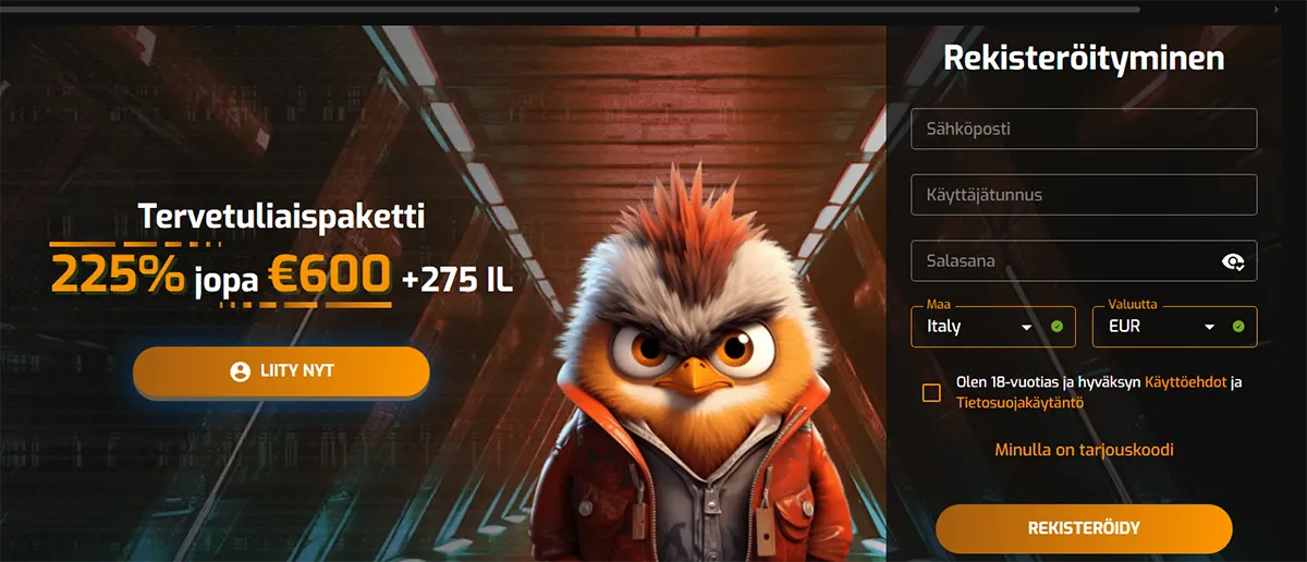 Finnish casino landing page with a “Tervetuliaispaketti” welcome offer of 225% up to €600 + 275 free spins, featuring a central cartoon bird mascot in a jacket, an orange “LIITY NYT” call-to-action button, and a right-side registration form with fields for email, username, password, country (Italy), currency (EUR), terms acceptance checkbox, promo code option, and a “REKISTERÖIDY” button.