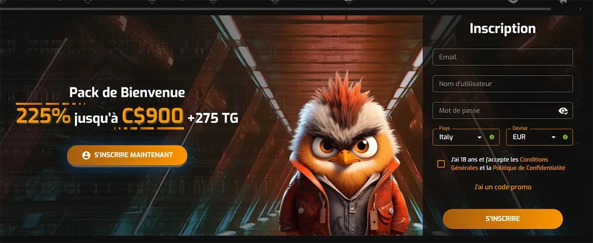 French casino landing banner featuring a stylized owl character in a futuristic tunnel, promoting a 225% welcome bonus up to C$900 plus 275 free spins, with a registration form on the right including email, username, password, country, and currency fields, and a “S’inscrire” call-to-action button.