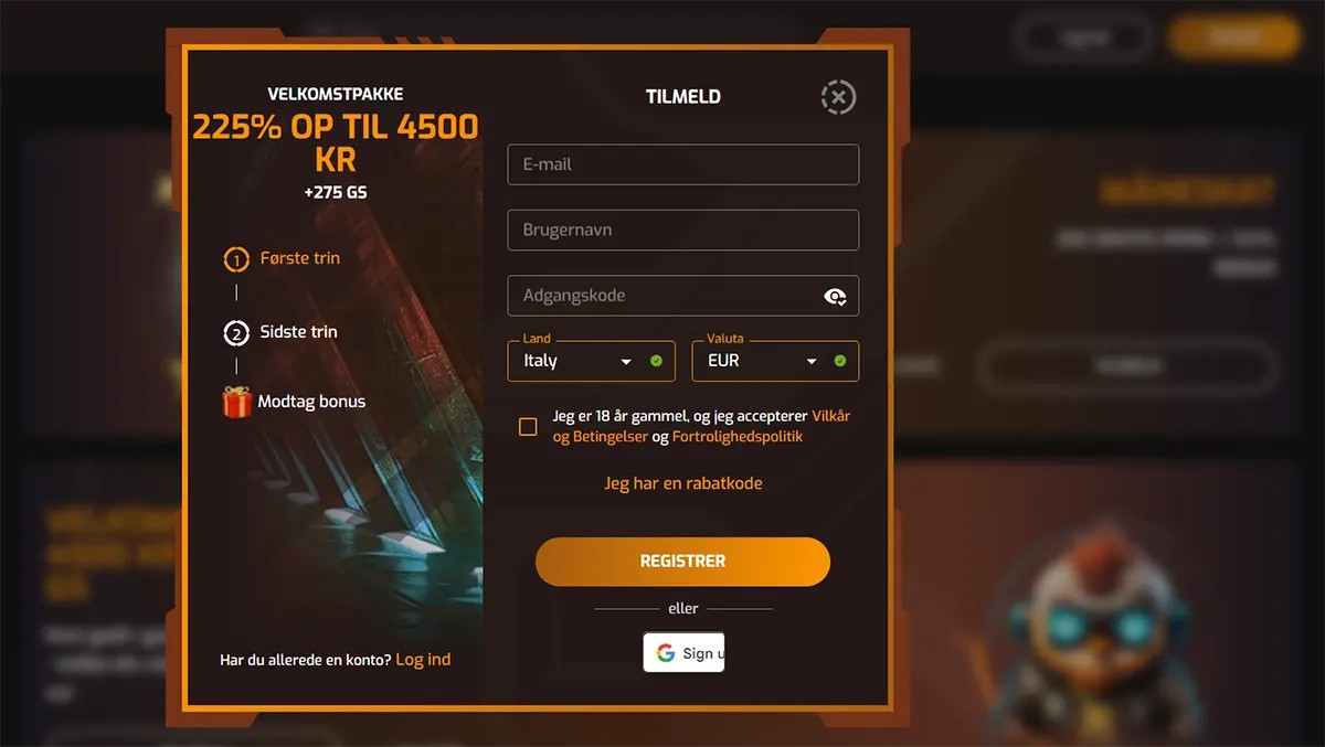 Danish casino registration popup with a dark orange theme, promoting a 225% welcome bonus up to 4500 kr plus 275 free spins, featuring a step-by-step bonus guide and a sign-up form with email, username, password, country, and currency fields, along with a “Registrer” button and Google sign-in option.
