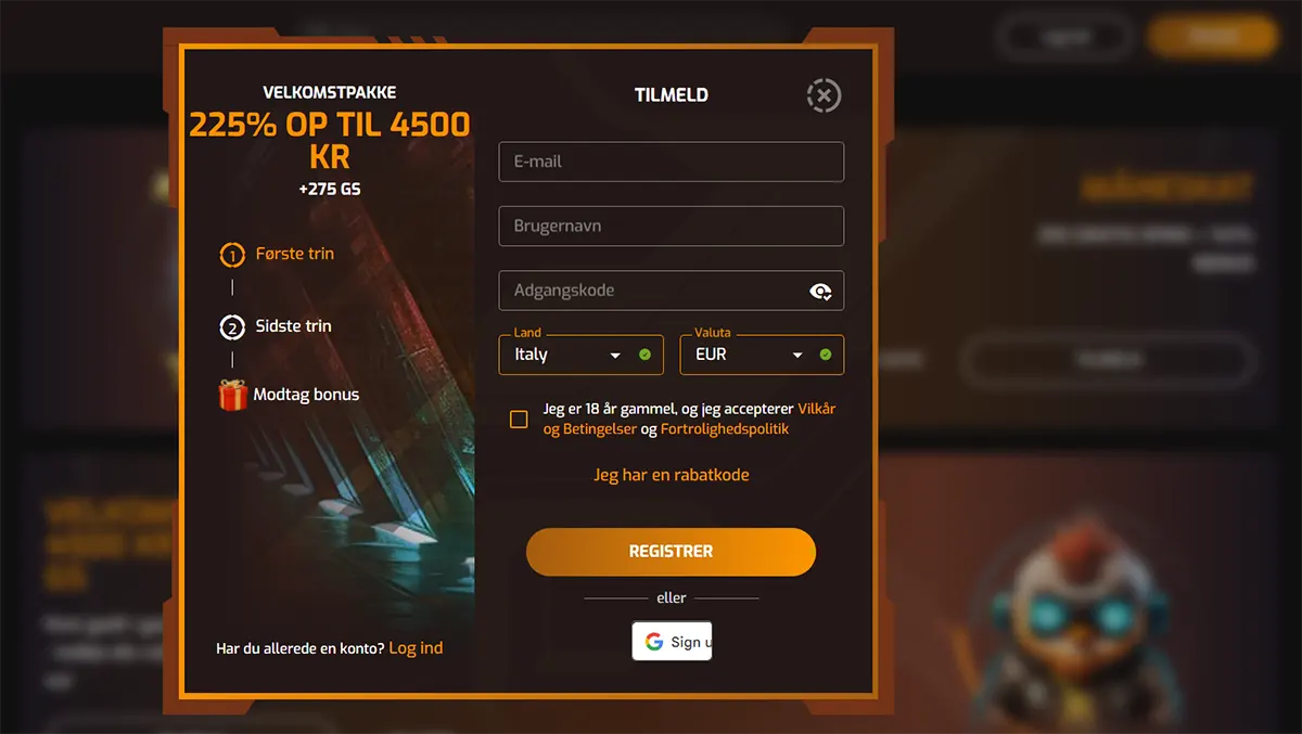 Danish casino registration popup with a dark orange theme, promoting a 225% welcome bonus up to 4500 kr plus 275 free spins, featuring a step-by-step bonus guide and a sign-up form with email, username, password, country, and currency fields, along with a “Registrer” button and Google sign-in option.