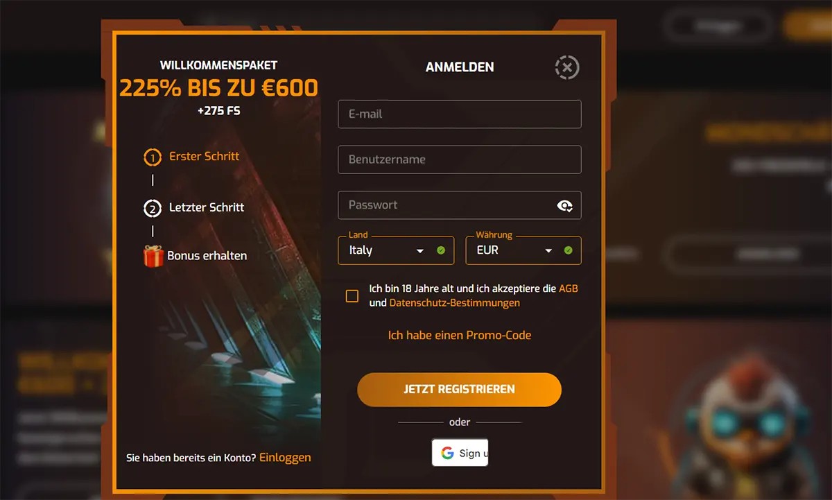 German-language casino registration popup with a dark orange theme, promoting a 225% welcome bonus up to €600 plus 275 free spins, featuring a step-by-step bonus guide and a sign-up form with email, username, password, country, and currency fields, along with a “Jetzt registrieren” button and Google sign-in option.