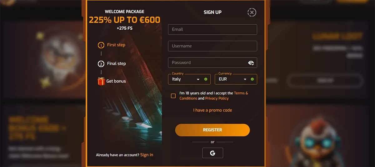 Casino sign-up modal with a dark orange theme, promoting a 225% welcome package up to €600 plus 275 free spins, featuring a step-by-step bonus guide and a registration form with email, username, password, country, and currency fields.