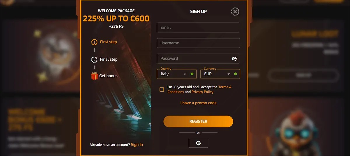 Casino sign-up modal with a dark orange theme highlighting a 225% welcome package up to €600 plus 275 free spins, including a step-by-step bonus guide and a registration form with email, username, password, country, and currency fields, plus a “Register” button and Google sign-in option.