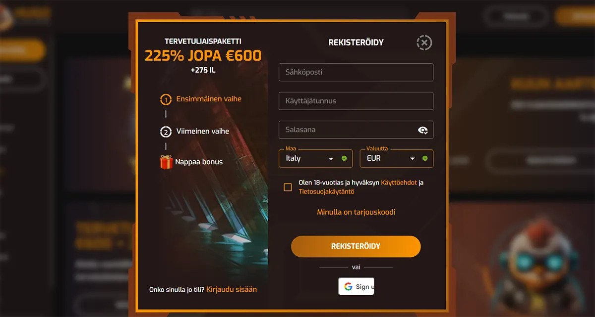 Finnish casino registration modal featuring a “Tervetuliaispaketti” offer of 225% up to €600 + 275 free spins, with a step-by-step bonus guide on the left, and a right-side sign-up form including email, username, password, country (Italy), currency (EUR), terms acceptance checkbox, promo code option, a “REKISTERÖIDY” button, and Google sign-in alternative.