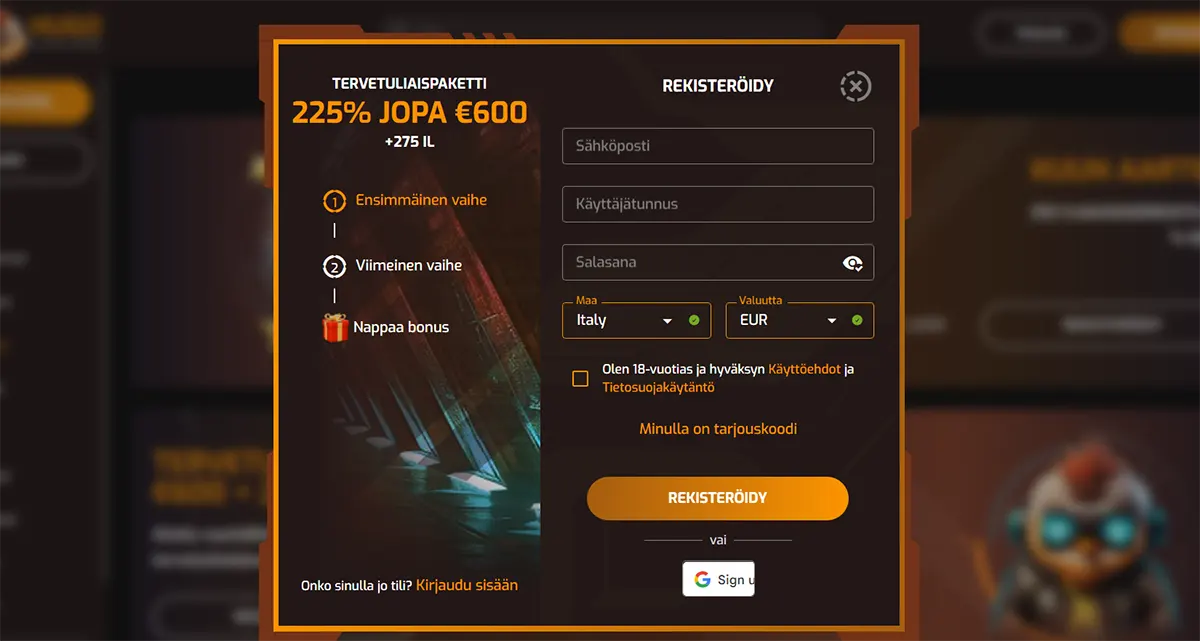 Finnish casino registration modal featuring a “Tervetuliaispaketti” offer of 225% up to €600 + 275 free spins, with a step-by-step bonus guide on the left, and a right-side sign-up form including email, username, password, country (Italy), currency (EUR), terms acceptance checkbox, promo code option, a “REKISTERÖIDY” button, and Google sign-in alternative.