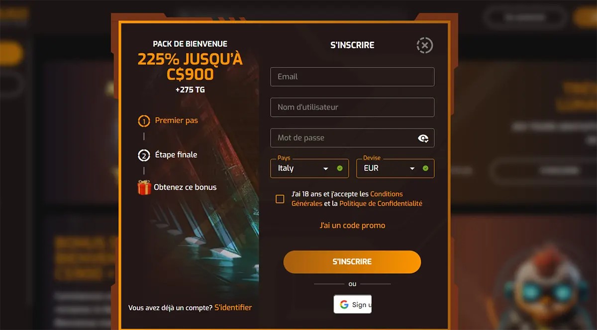 French-language casino registration popup with a dark orange theme, promoting a 225% welcome bonus up to C$900 plus 275 free spins, featuring a step-by-step bonus guide and a sign-up form with email, username, password, country, and currency fields, along with a “S’inscrire” button and Google sign-in option.